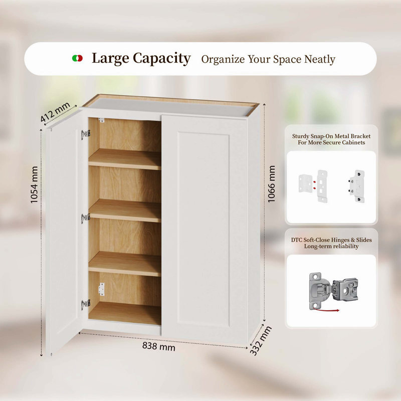 33×12×42 Inch White Shaker Solid Wood Wall Mount Cabinet, Double Door Dual Adjustable Shelf Storage Cabinet, White