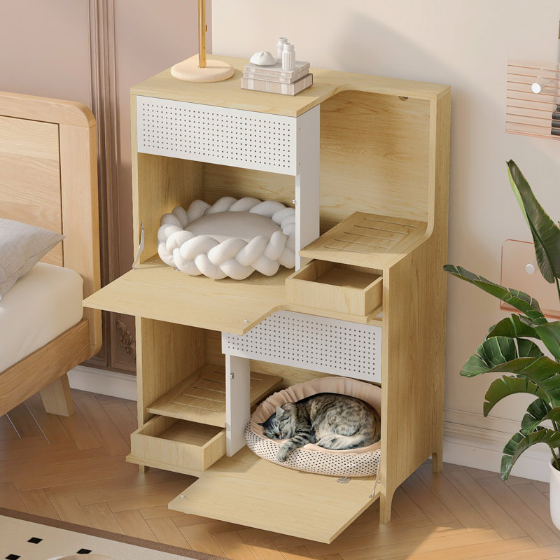 Enceinte de litière pour chat 2 en 1, meuble de litière caché avec rangement, table de bout pour salle de bain à 2 niveaux pour 2 petits chats de taille moyenne, naturel