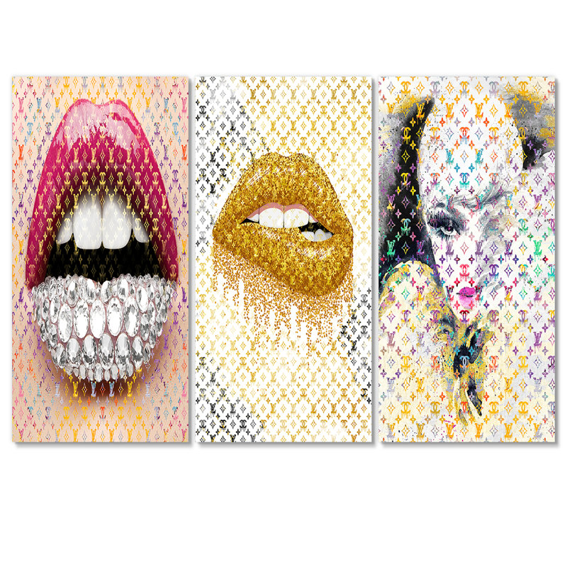 Luscious Designer Lips II sur toile, reproduction de 3 pièces, H 40 po x l 60 po x P 1 po