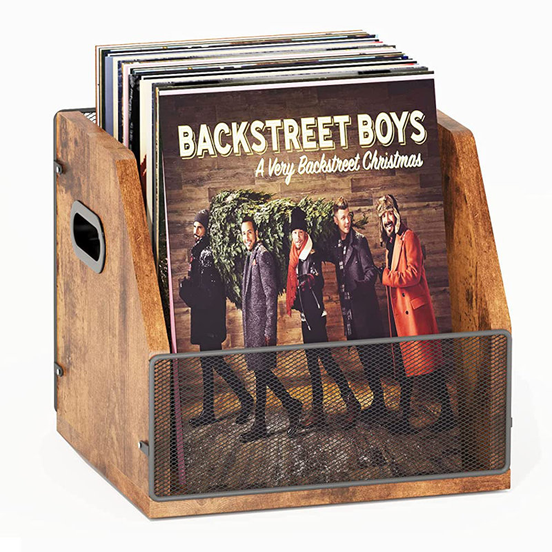  Vinyl Record Storage, Record Box Case Crate, Vinyl Record Album Holder, Desktop Metal & Wooden LP Record Crate, Holds up to 60 Records(Rustic Brown）