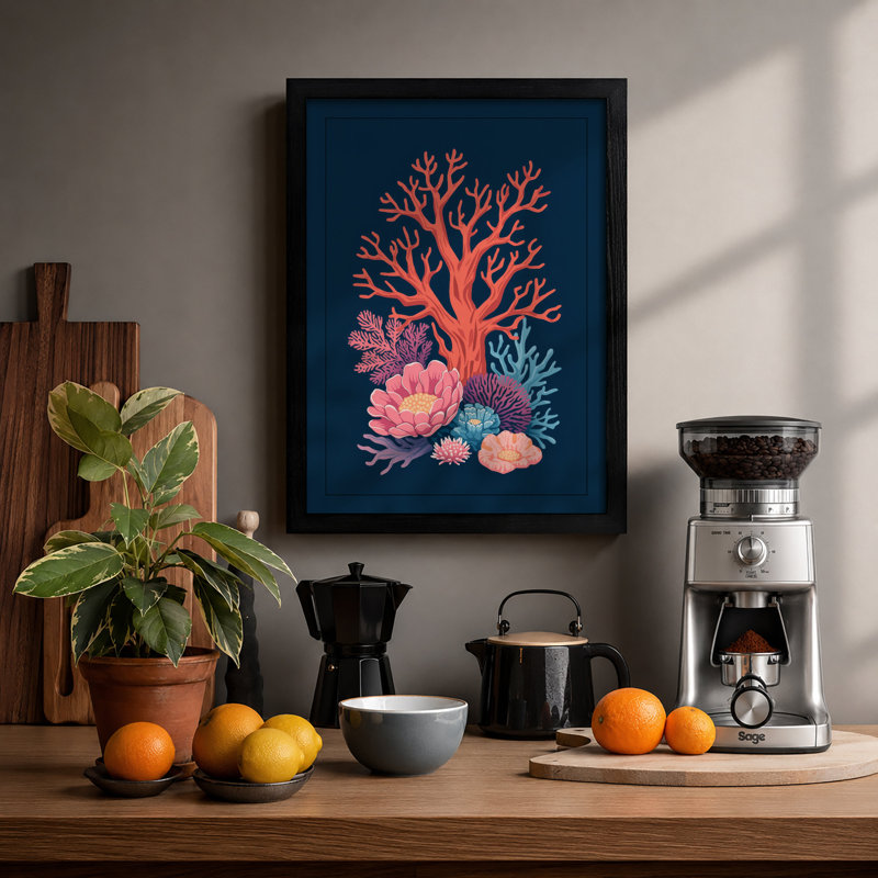 Coral Blossom Tree Botanical - Print, A1 - 84.1 x 59.4 cm, Black