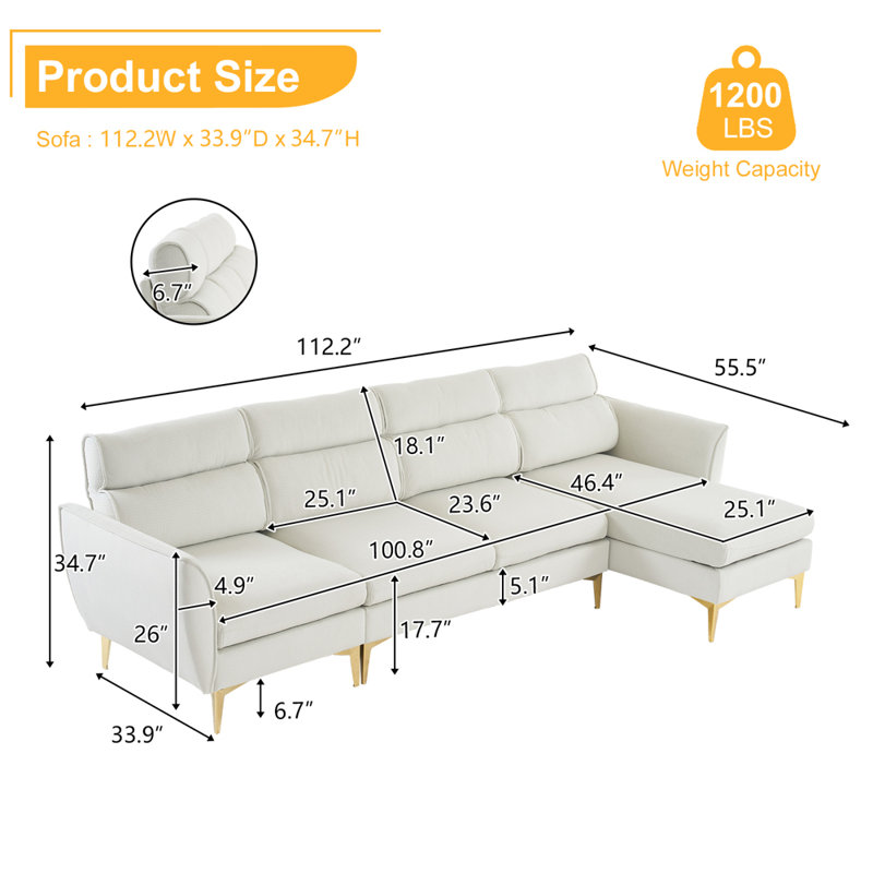 Dooling Upholstered L-Shaped Sectional Right Hand Facing, White Polyester Blend