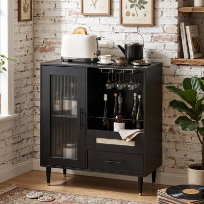 Meuble-bar à vin noir moderne avec porte en verre trempé – Casier à verres intégré, tiroirs, grand espace de rangement – ​​Buffet autoportant pour la maison, la cuisine, la salle à manger ou le salon – Couleur : Noir