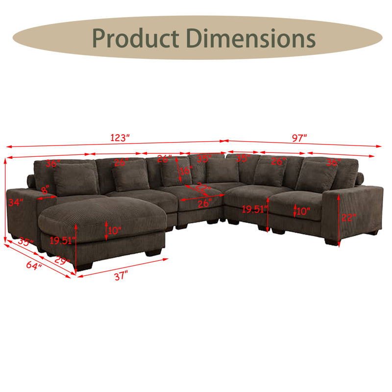 Corduroy L-Shaped Sectional Sofa Set With Ottoman For Living Room, Brown