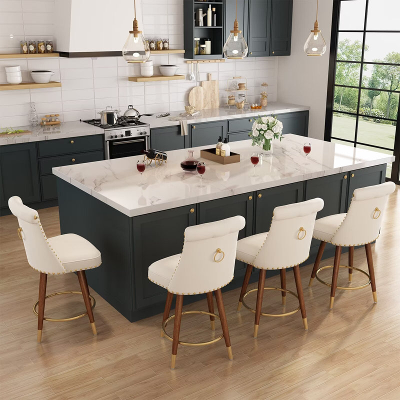 Ingomar Swivel 24 Inch Counter Height Stools (Set of 4) Upholstered Bar Stools with Back, Beige