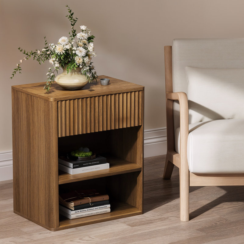  19.7" W Fluted Wood Nightstand Side Table with Storage in Walnut , Brown