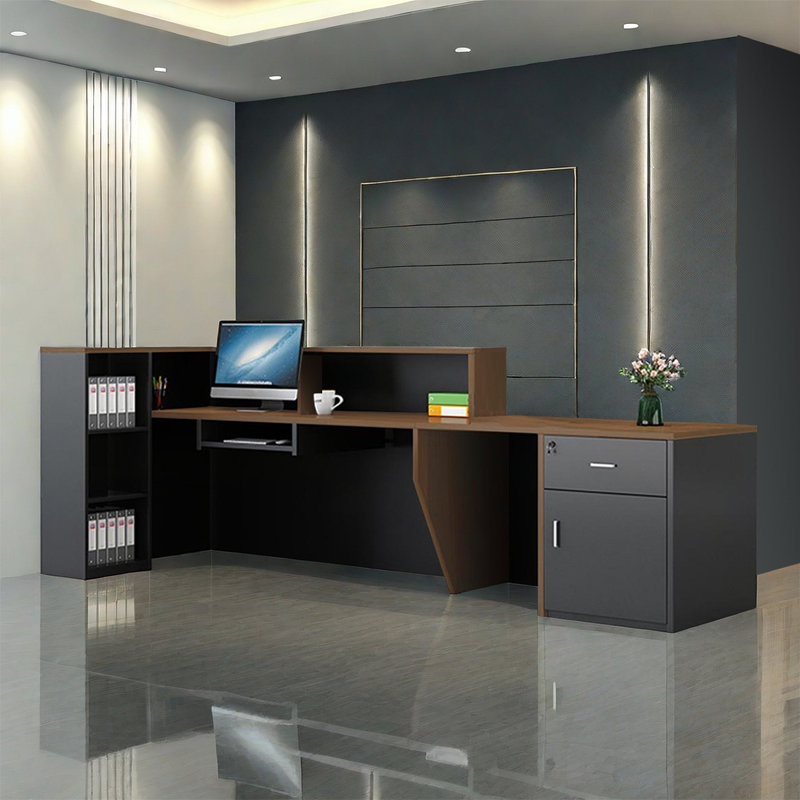 L-Shaped Reception Desk with Lockable Drawers, Computer Desk, and Storage Shelves/Front Desk, Grey/Light Brown