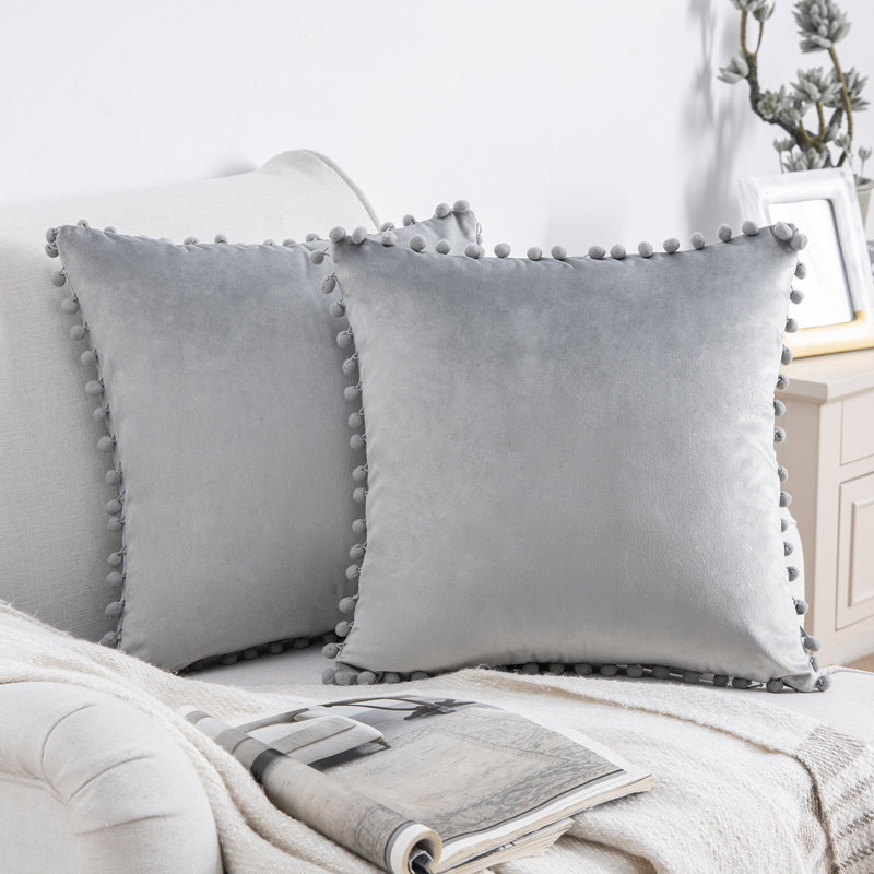 Light Gray Velvet Pom Pom Euro Throw Pillows Set