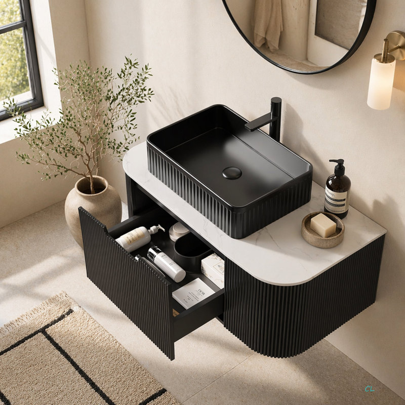 Meuble-lavabo de salle de bain 30 po avec lavabo, lavabo à fixation murale à bords arrondis flottants avec lavabo à tiroir rectangulaire en céramique, sans robinet, pré-assemblé