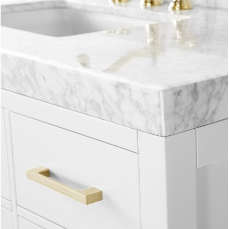 Carrie 72'' Double Bathroom Vanity with Carrara Marble Top, White | Brushed Gold