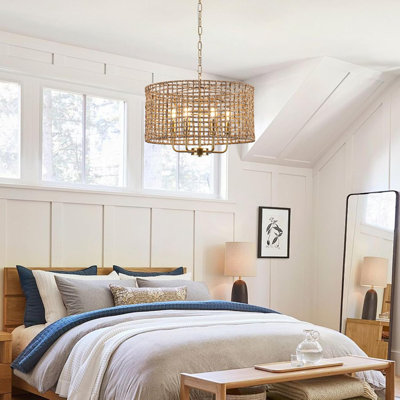 Lustre en rotin Boho avec finition dorée - abat-jour tambour en bambou tissé à la main, luminaire suspendu 6 lumières pour salle à manger, îlot de cuisine, chambre à coucher et salon