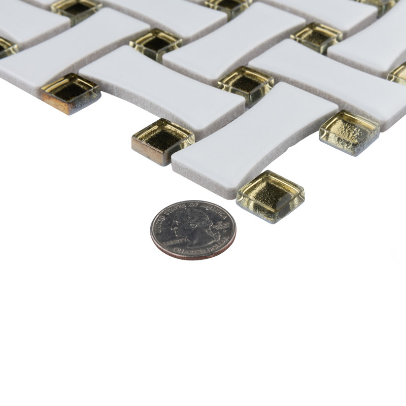 Metro Dog Bone Basketweave 0.92 In. X 2.26 In. Porcelain Basketweave Mosaic Wall Tile, Matte White w/Glass Gold Dot