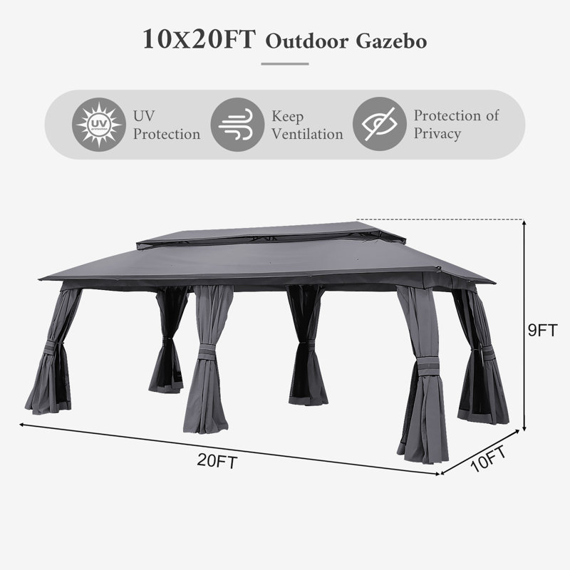 10x20 Ft Outdoor Gazebo, Double - tier Roof Gazebo Tent with PU - Coated Polyester Roof, Sturdy Iron Frame, Waterproof & UV - resistant, Privacy - ensuring Curtains and Mosquito - repelling Nettings