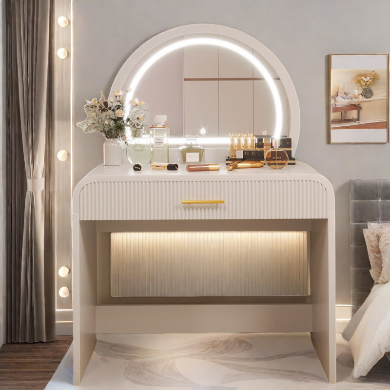 Lederman Makeup Vanity Table with Touch Screen Lighted Mirror, Dressing Table with A Drawer and Curved Edges