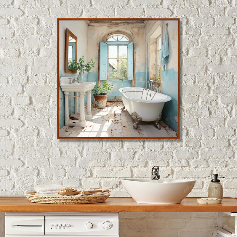 «Farmhouse Bathroom Charm I - Laundry Large», art mural, H 16 po x l 16 po, Cadre flottant brun