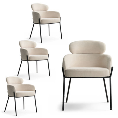 Modern Upholstered Dining Chairs Set of 4 with Curved Arms and Black Metal Legs