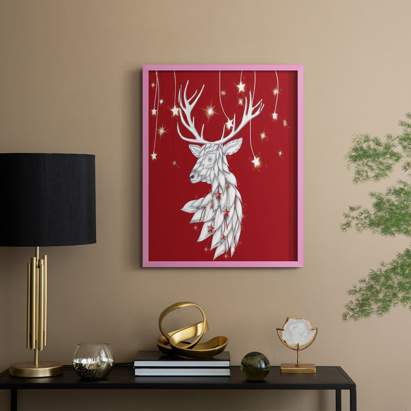 Cerf blanc et étoiles suspendues, reproduction encadrée - bois massif, H 11 po x l 9 po, Rose