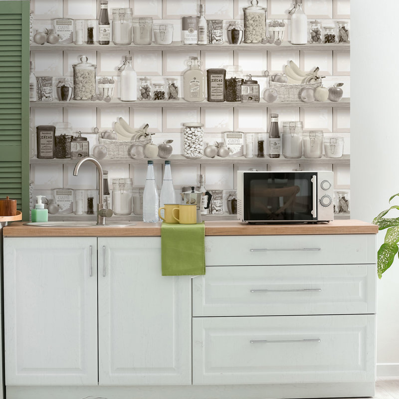 Kitchen Shelf Stories Wallpaper, Tan