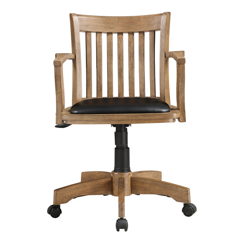 Adjustable Fruitwood Swivel Banker's Chair with Black Vinyl Seat