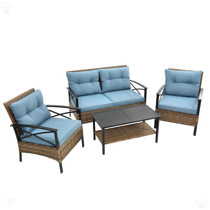 Ensemble de canapé de conversation modulaire à patio 4 pièces avec canapé d'extérieur KD Rattan Wicker, Bleu
