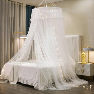 Princess Bed Canopy For Girls Double Layer Sheer Mesh Dome Elegant Lace Mosquito Net Bed Curtain For Full Queen King Bed(White/White)