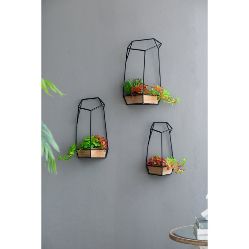 Three Wall Planters In A , Black Iron Frames And Fir Wood, Geometric Design For Interior Visual Appeal, Sizes: L 9.8X9.8X16.5 M 8.3X8.3X15.4 S 7.1X7.1X13.4 Inches Of 3 With Wood Components, Suitable