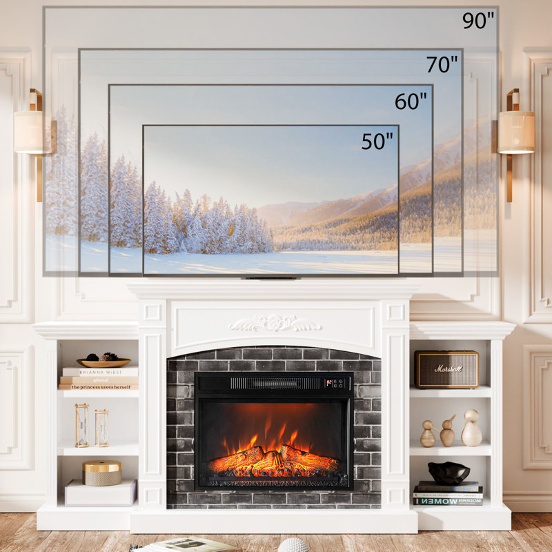 White Fireplace TV  Stand Fit Up To 90In TV With 23In Fireplace Western Style