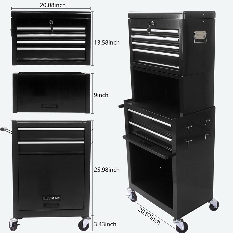 20.87'' W 6 -Drawer Steel Job Site Storage with Wheels, Black
