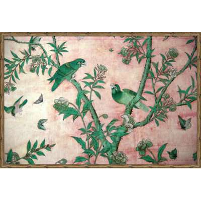 «Birds and Butterflies in Tree» - Peinture encadrée sur papier