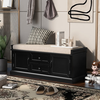 Banc de rangement avec 2 tiroirs et 2 armoires, banc à chaussures avec coussin amovible pour le salon, vestibule