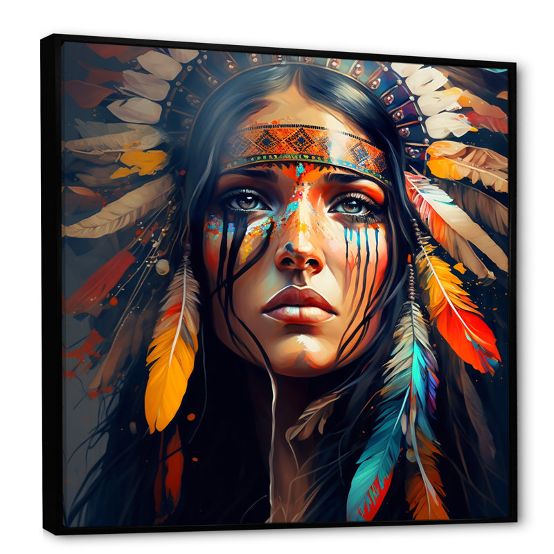 «Colorful Native American Woman VI», impression sur toile, H 36 po x l 36 po x P 1,5 po, Toile avec cadre flottant noir