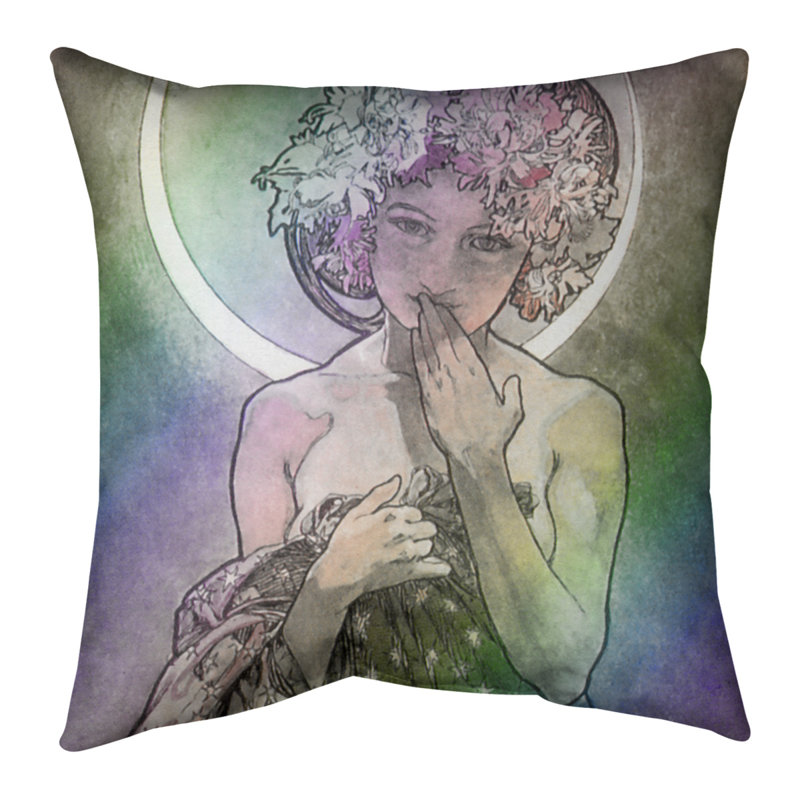 Coussin Alphonse Mucha, Bourre en polyester, 16 po x 16 po, Mauve / Vert / Bleu