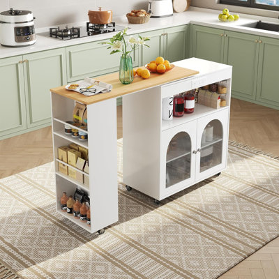360°Rolling Kitchen Island On Wheels, Swivel Table, Storage Cabinet, Drawers & Shelves, Modern Storage Cart With Storage, Farmhouse Wood Island Table For Kitchen, Dining Room, Home Bar (White)