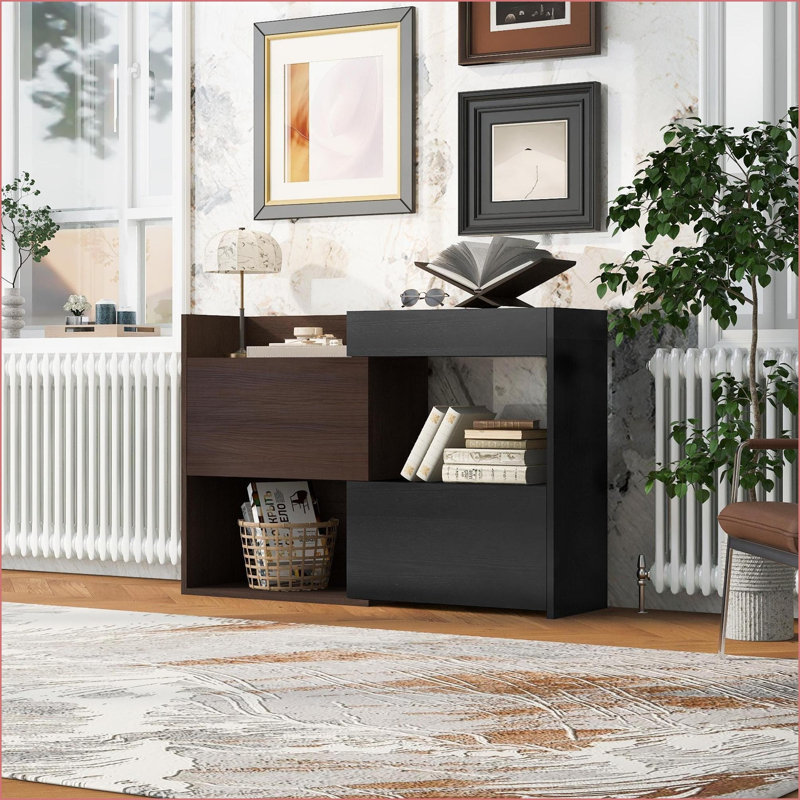 Cabinets, Modern Extendable Rotating Storage Cabinet with Drawer, 32.5''-58.8''W Black &amp; Walnut Brown | Engineered Wood MDF, Hallways
