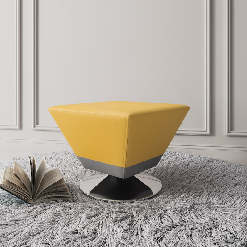 Diamond 20" Modern Vegan Leather Upholstered Metal Swivel Ottoman in Yellow, Yellow/Polished Chrome Faux Leather