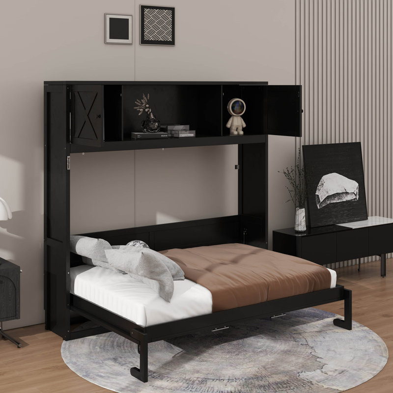 Grand lit escamotable avec armoires de rangement, Noir