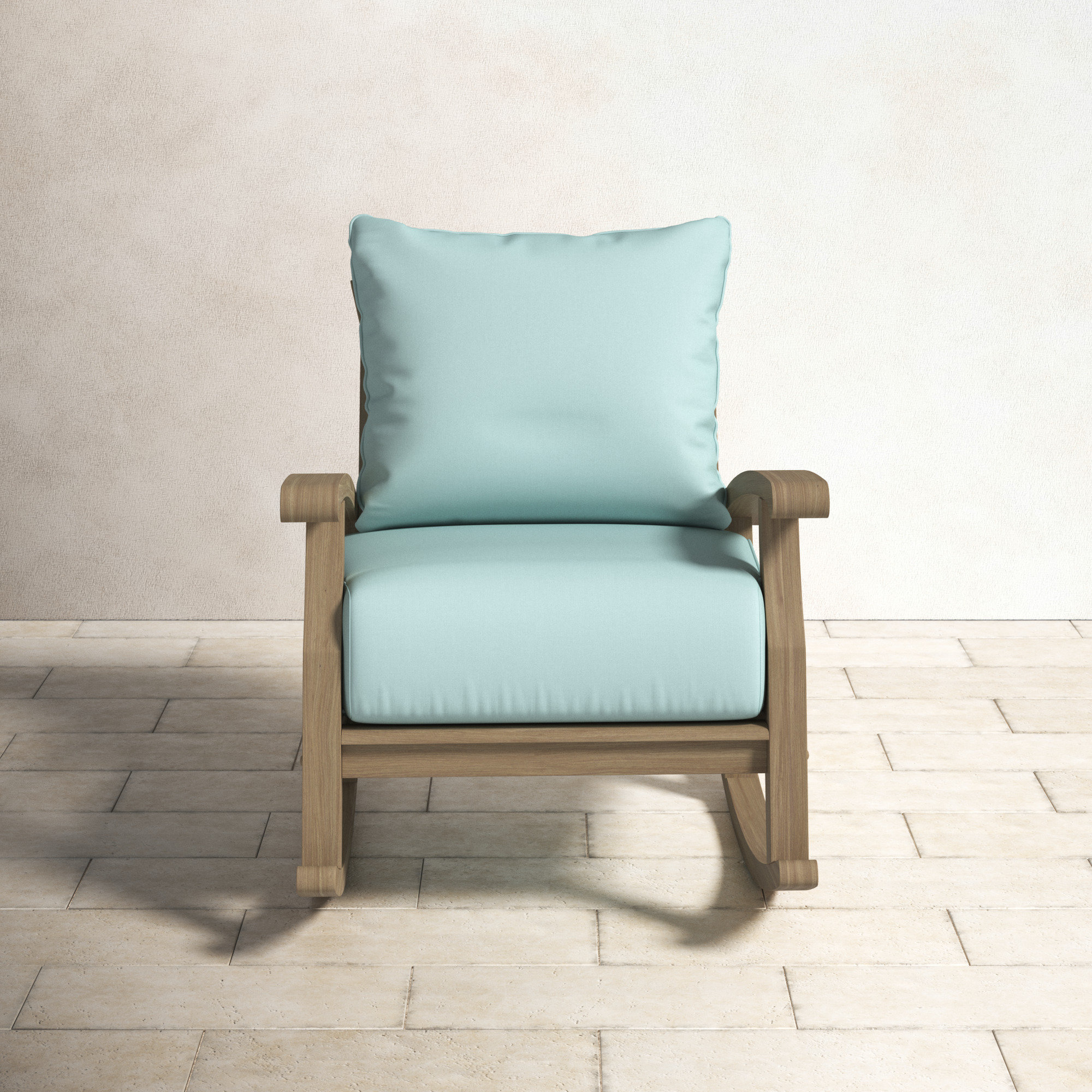 Summerton Teak Outdoor Rocking Chair with Cushions, Gray, Blue Spruce Performance Linen