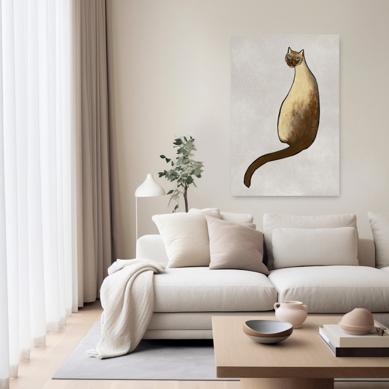 Art mural moderne gracieux chat siamois minimaliste, H 60 po x l 40 po