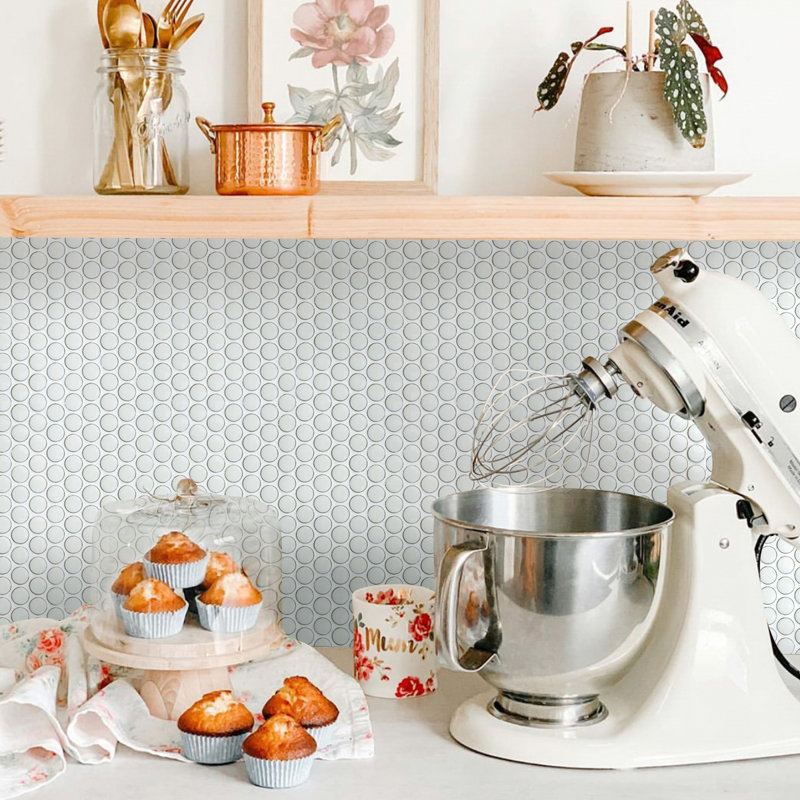 Porcetile Round 12.41 in. x 11.46 in. Penny Glossy Porcelain Mosaic Wall and Floor Tile, White