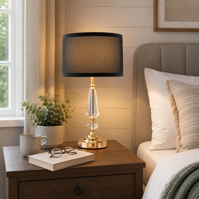Elegant Black Crystal-Pillar Bedside Table Lamp with Multi-Style Design for Bedroom, Living Room or Office Lighting