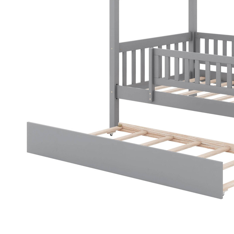 Wooden House Bed with Trundle, Twin, Gray/Oak