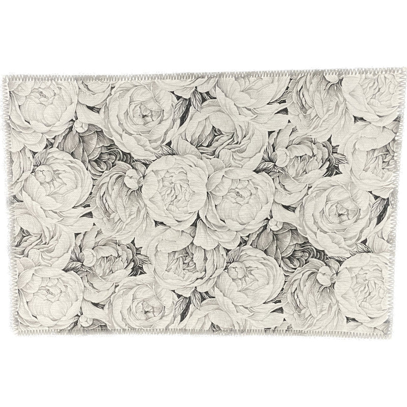 Floral Area Rug, Black White, Rectangle 8' x 10'