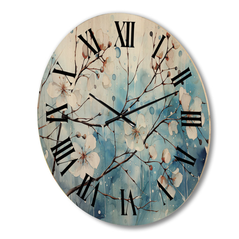 Horloge murale florale en bois bleu sur paysage d'hiver II, Moyenne