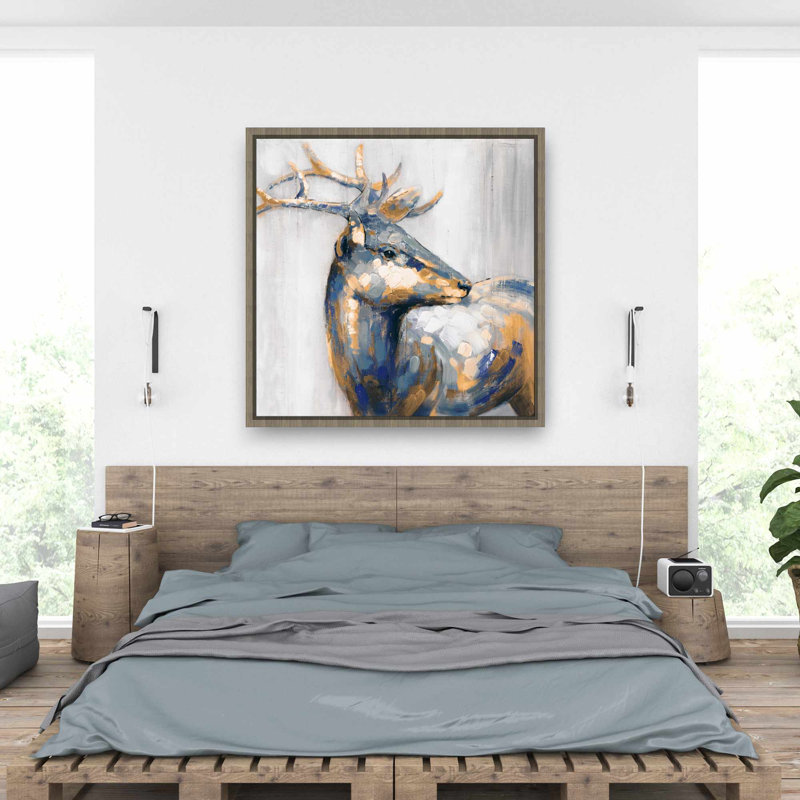 Cerf doré - Décoration contemporaine sur toile avec cadre doré, Brun