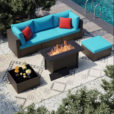 6-Piece Outdoor Rattan Patio Set with Fire Pit Table