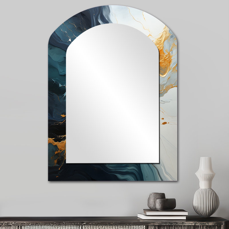 Gold and green abstract marble waterfall IV - Abstract Painting Asymmetrical Decorative Wall Mirror, Modern Arch Mirror, Printed Metal Art