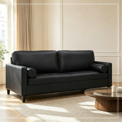 Sofa en similicuir avec coussin d'assise capitonné et pieds en bois