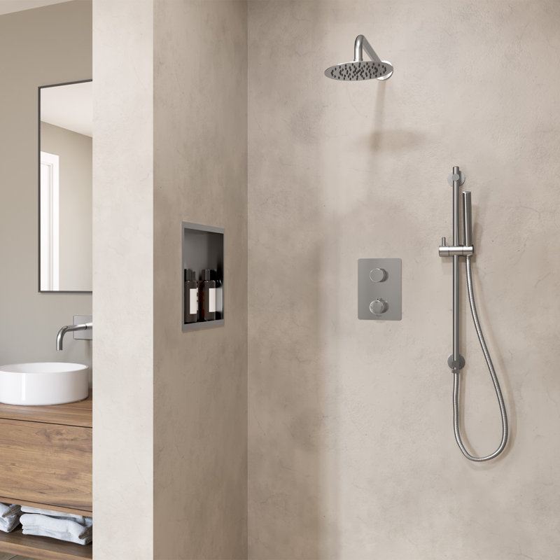 Ensemble de douche thermostatique avec pomme de douche, douchette sur rail et valve en chrome