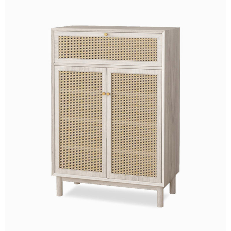 Armoire à chaussures minimaliste en bois massif de rotin moderne, Ivoire / Naturel