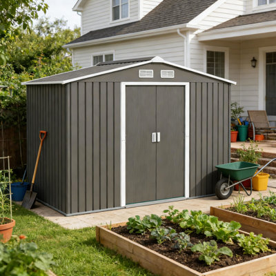 Remise de jardin avec portes doubles verrouillables, construction en acier galvanisé, toit incliné, ventilation, ensemble de fondation pour l'extérieur en acier, fentes de ventilation,